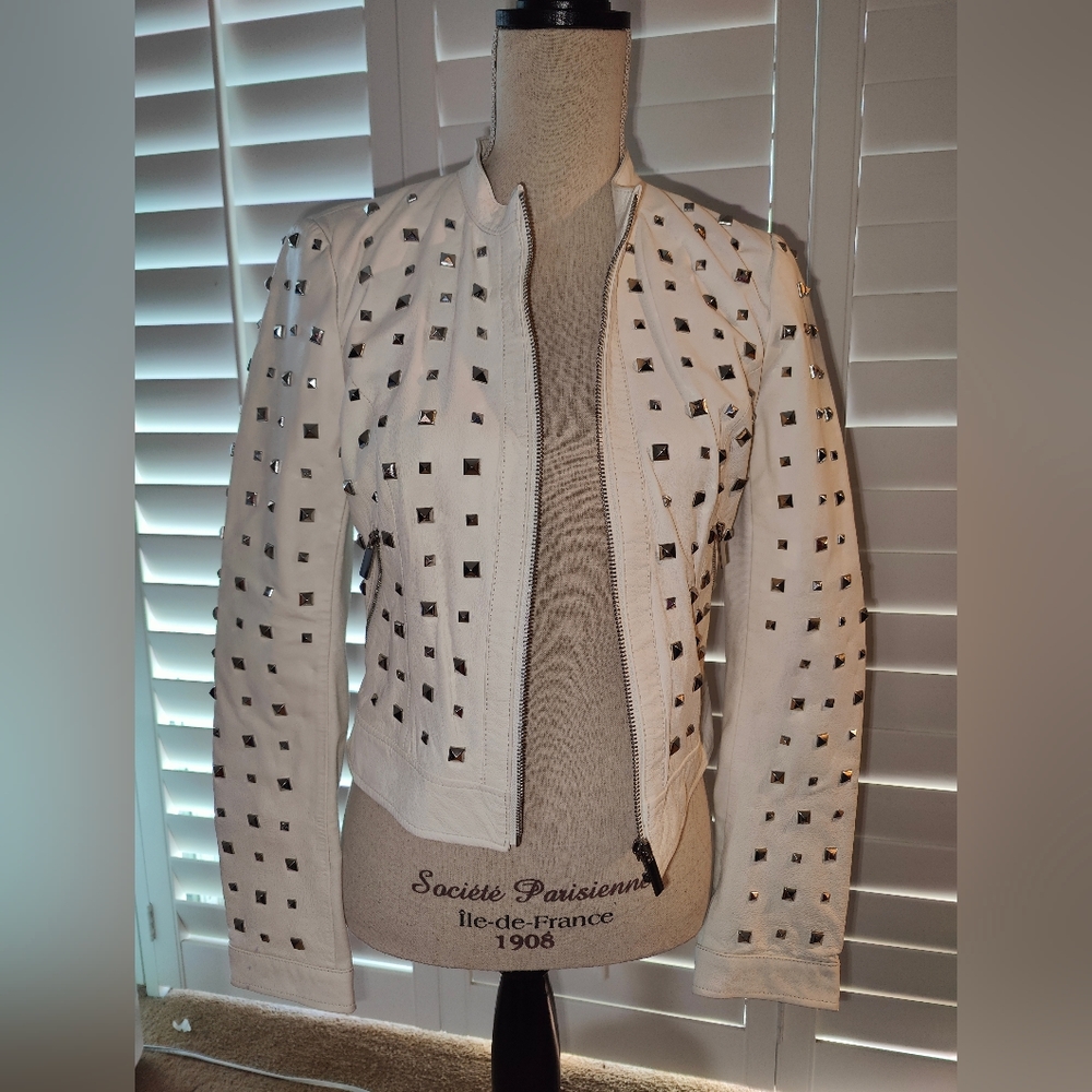White Studded Leather bebe Jacket